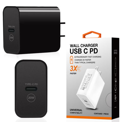 Reiko 20W Power Delivery Travel Wall Charger Adapter with Type-C Port in Black