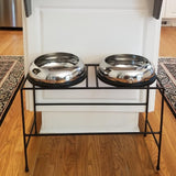 Unspill-a-Bowl® Stainless Steel Double Dog Bowl & Stand Bundle - Paws Pattern | No Spill, Long Ears, Slow Feeding | MaxStrata®