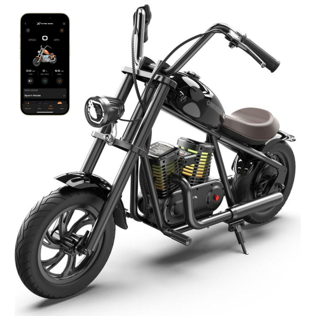 HYPER GOGO Challenger 12 Plus Kids Electric Motorcycle + App – UL2272 Compliant, Smart Ride-On Chopper Bike with RGB Lights, Navigation, Sounds & Smoke Effects