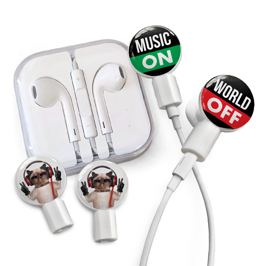 dekaSlides - Earbuds + 2 Pairs Graphics - Music On/World Off & Peace Cat | MaxStrata