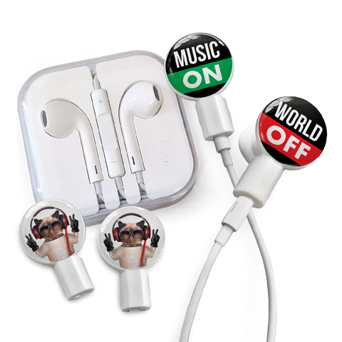 dekaSlides - Earbuds + 2 Pairs Graphics - Music On/World Off & Peace Cat | MaxStrata