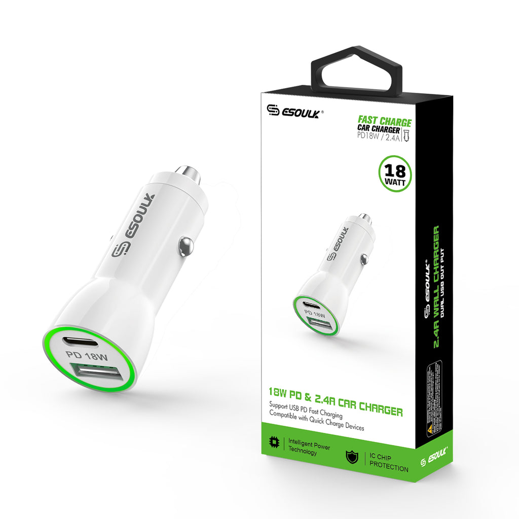 Reiko 18W PD & USB-A Car Adapter in White | MaxStrata