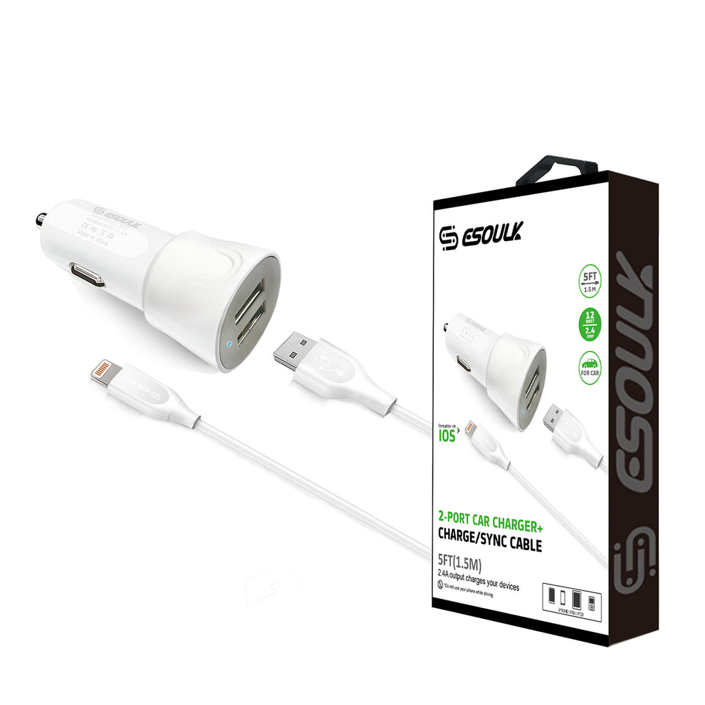 Reiko 12W 2.4A Dual USB Travel Car Charger with 5Ft Charging Cable for 8 Pin in White | MaxStrata