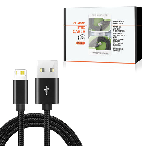 Reiko 8-Pin Fast Charge/Sync Cable 6.5 Ft in Black (12Pcs) | MaxStrata