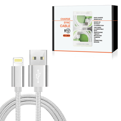Reiko 8-Pin Fast Charge/Sync Cable 6.5 Ft in Silver (12Pcs) | MaxStrata