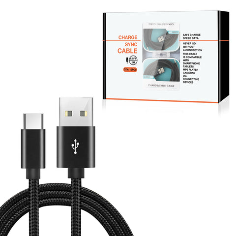Reiko USB-C Fast Charge/Sync Cable 6.5 Ft in Black (12Pcs) | MaxStrata