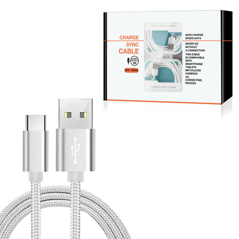 Reiko USB-C Fast Charge/Sync Cable 6.5 Ft in Silver (12Pcs) | MaxStrata