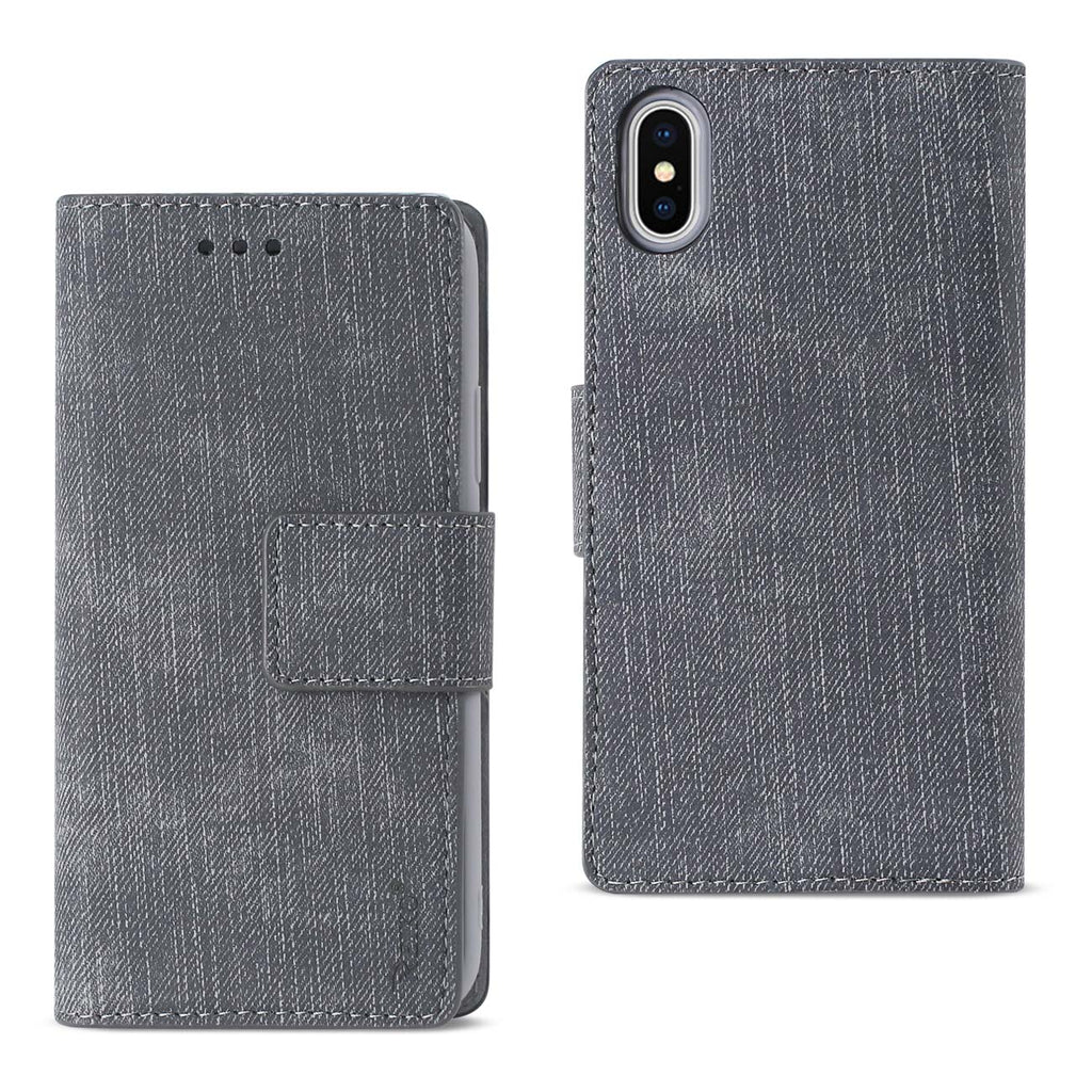 Reiko iPhone X/iPhone XS Denim Wallet Case with Gummy Inner Shell & Kickstand Function in Gray | MaxStrata