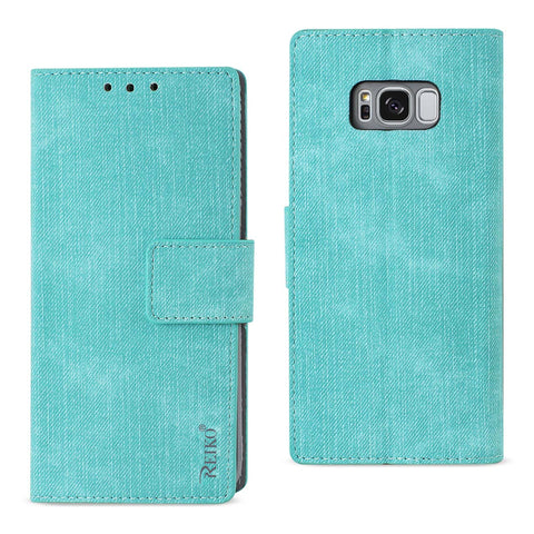Reiko Samsung Galaxy S8/ SM Denim Wallet Case with Gummy Inner Shell & Kickstand Function in Blue | MaxStrata
