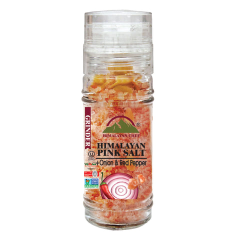 Himalayan Chef Pink Salt with Onion & Red Pepper - 3.53 Oz - Small Refillable Glass Grinders | MaxStrata®