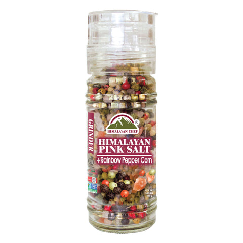 Himalayan Chef Rainbow Pepper Corn & Salt - 3.53 Oz - Small Refillable Glass Grinders | MaxStrata®