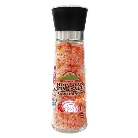 Himalayan Chef Pink Salt with Onion & Red Pepper - 12.5 Oz - Large Refillable Glass Grinders | MaxStrata®