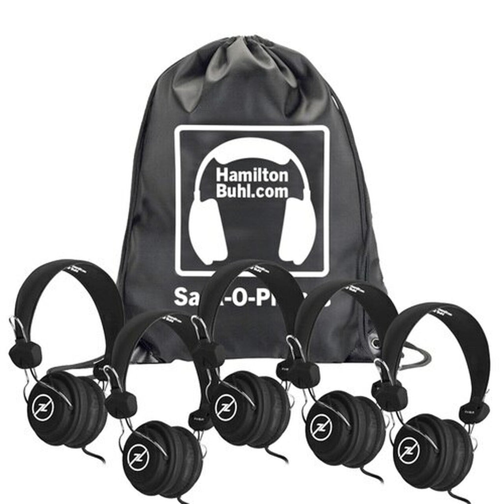 HamiltonBuhl Sack-O-Phones, 5 Black Favoritz Headsets with In-Line Microphone and TRRS Plug | MaxStrata®