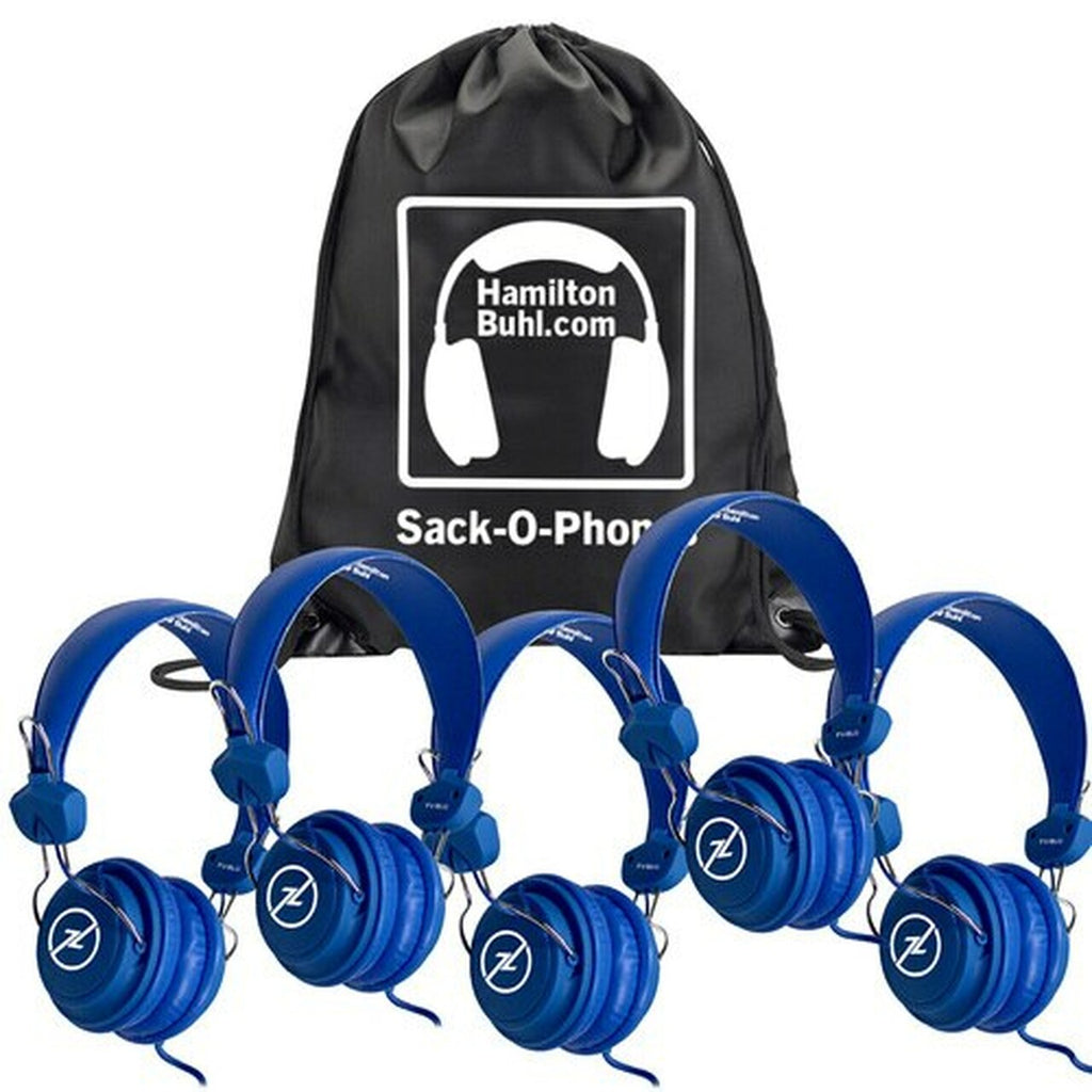 HamiltonBuhl Sack-O-Phones, 5 Blue Favoritz Headsets with In-Line Microphone and TRRS Plug | MaxStrata®