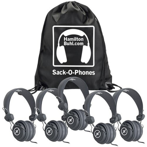 HamiltonBuhl Sack-O-Phones, 5 Gray Favoritz Headsets with In-Line Microphone and TRRS Plug | MaxStrata®